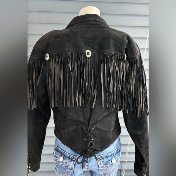 Vintage Retro 80s Black Suede Cropped Fringe Concho Cowgirl Western Jacket~M~ - Picture 4 of 8